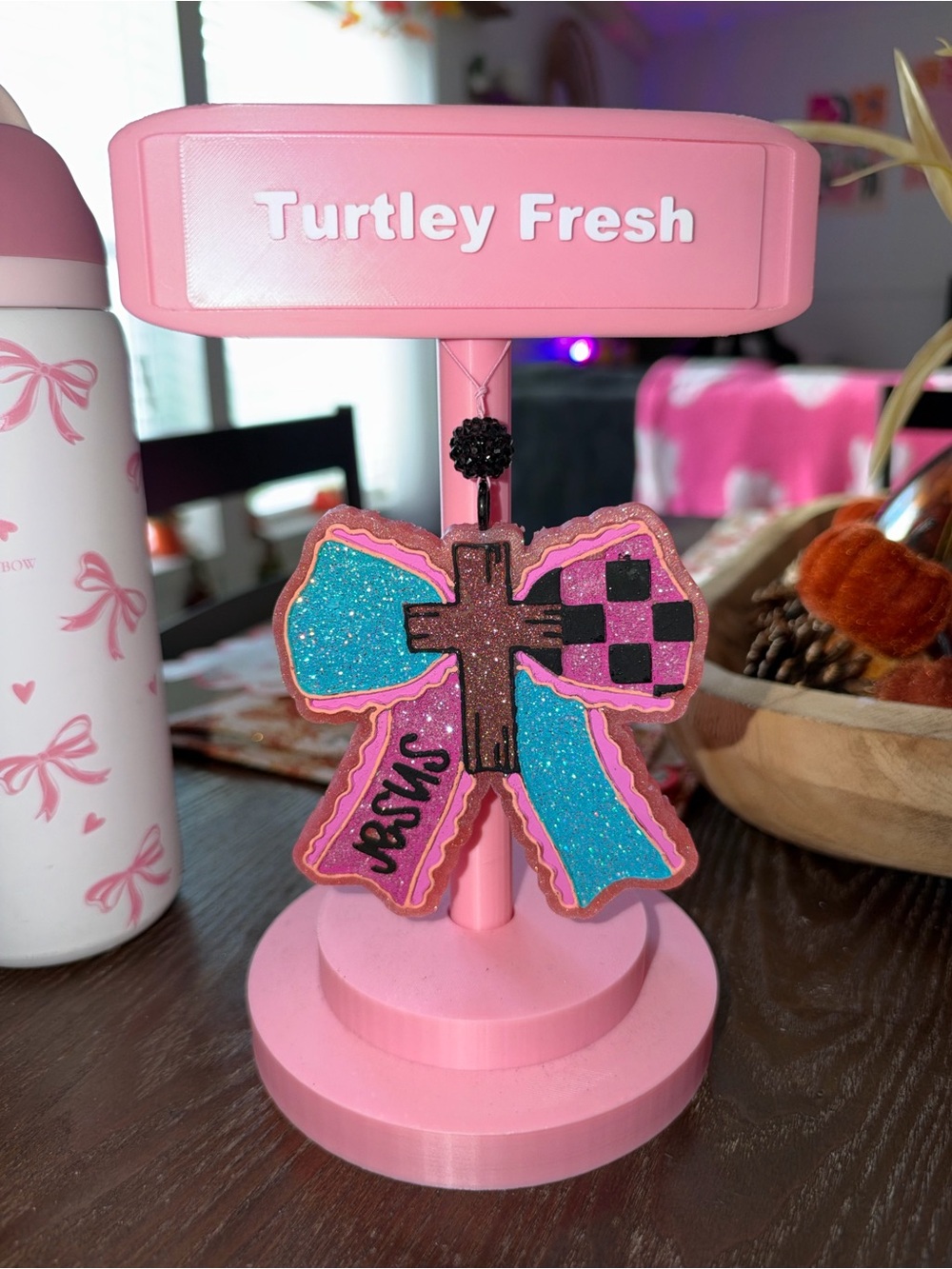 Turtley Fresh Pink & Blue Bow Car Freshie with Cross Accent